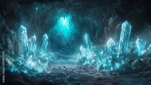 Mysterious cave adorned with luminous crystals ideal for creating captivating fantasy and magical wallpaper designs