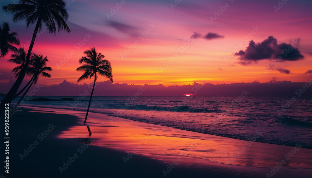 A picturesque scene of a tropical beach at sunset, with tall palm trees silhouetted against a sky A picturesque scene of a tropical beach at sunset, with tall palm trees silhouetted against a sky