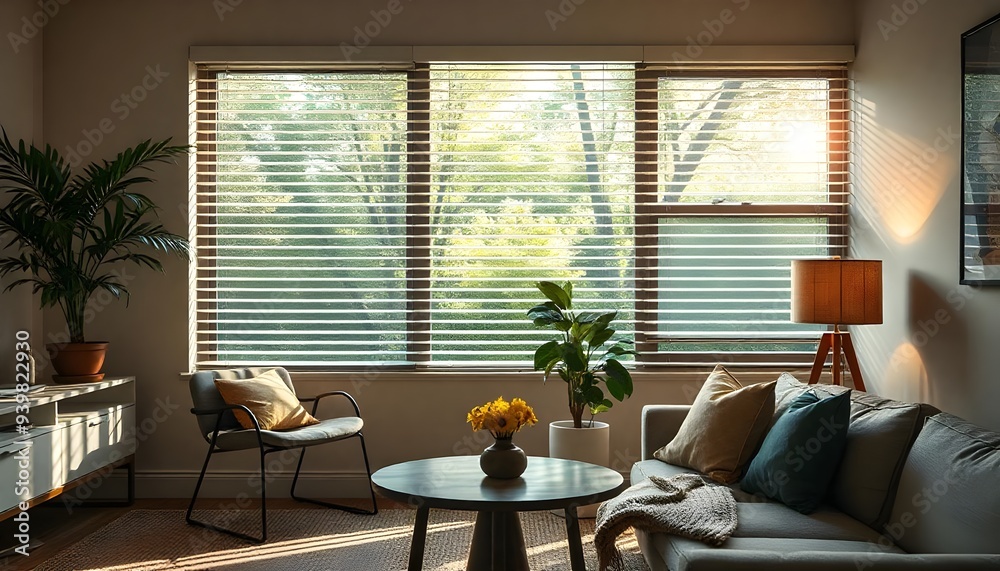 Obraz premium Capturing the Modern Blinds' Effective Control of Indoor Humidity Levels. Concept Indoor Humidity Control, Modern Blinds, Efficient Home Solutions, Home Decor, Technology created with generative ai