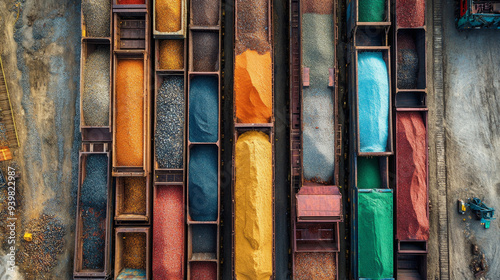 Aerial view of colorful minerals sorted in cargo containers, symbolizing the global distribution and variety of raw materials in the mining industry.
