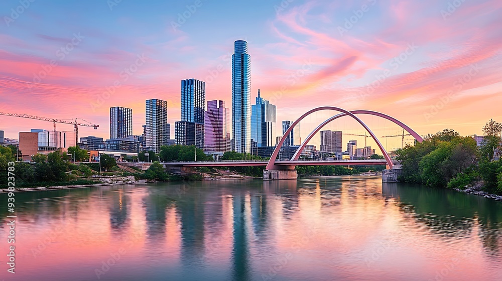 Naklejka premium Modern City Square with Outdoor Seating and Urban Architecture on a Sunny Day