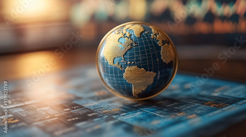 A golden globe sits on a financial trading desk, representing global finance, economic power, and international markets in a business environment. photo