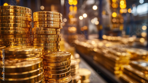 Golden coins stacked high in a manufacturing facility, representing wealth, financial production, and the concept of accumulating monetary assets.