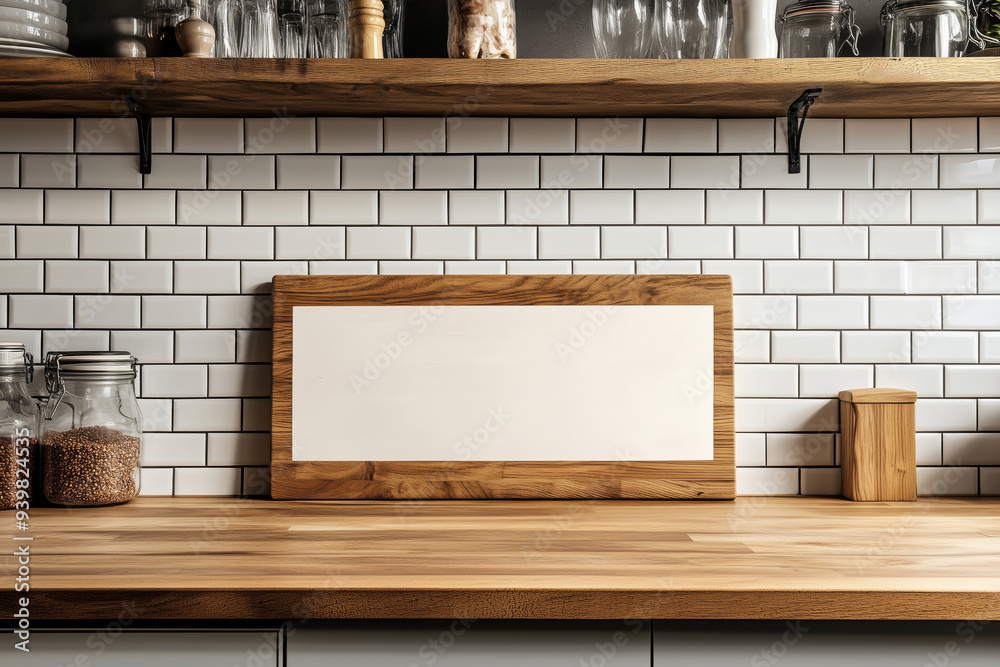 Fototapeta premium A rustic butcher shop countertop featuring a blank wooden board against a tiled backsplash