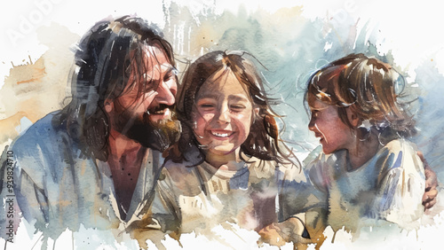 Jesus Christ with Happy Children Watercolor Illustration Faithful Scene Joyful Interaction Religious Art Children in Joyful Pose Warm Colors Peaceful Setting