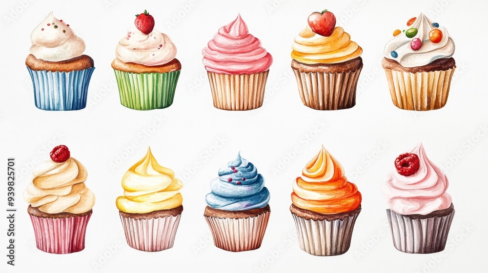 Cupcakes set. White background. Watercolor illustrations Cupcakes set. White background. Watercolor illustrations