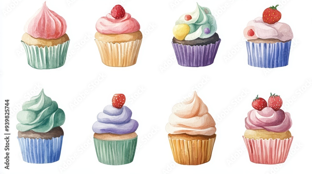 Cupcakes set. White background. Watercolor illustrations Cupcakes set. White background. Watercolor illustrations