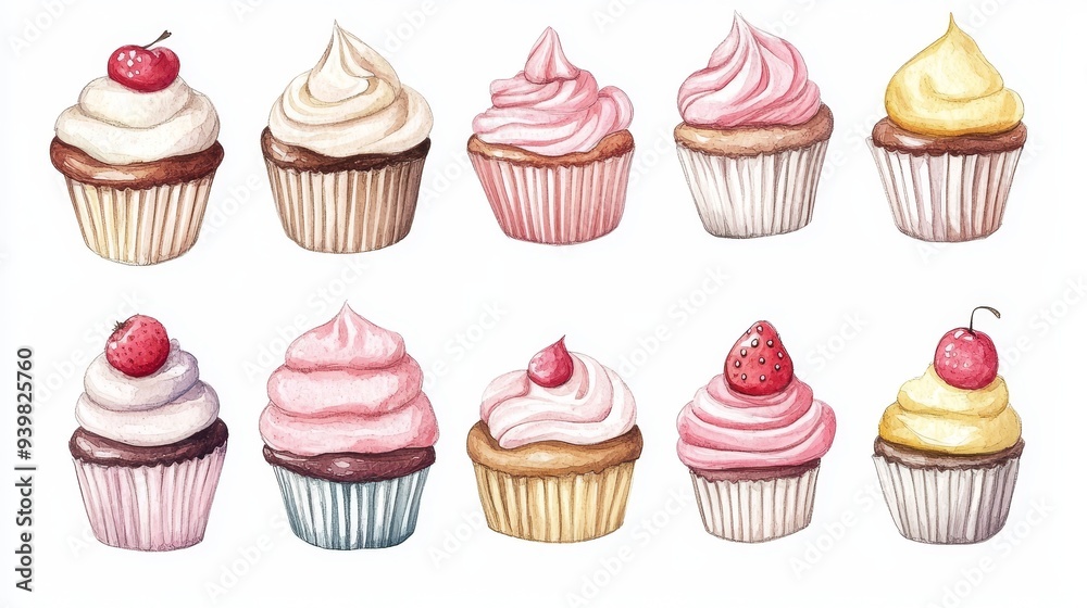 Cupcakes set. White background. Watercolor illustrations Cupcakes set. White background. Watercolor illustrations