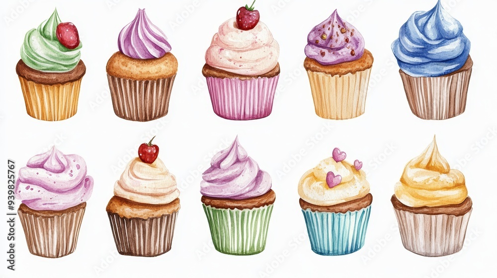 Cupcakes set. White background. Watercolor illustrations Cupcakes set. White background. Watercolor illustrations