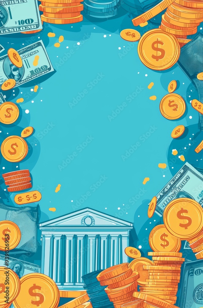 Fototapeta premium Digital illustration of financial elements with money, gadgets, and documents