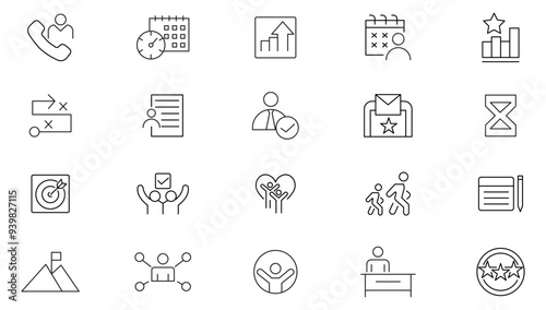 Teamwork line icon collection. Businessman, team, recruitment, leadership, agreement, success, leader, meeting, goal, vision, and group work icon set. UI outline icon pack