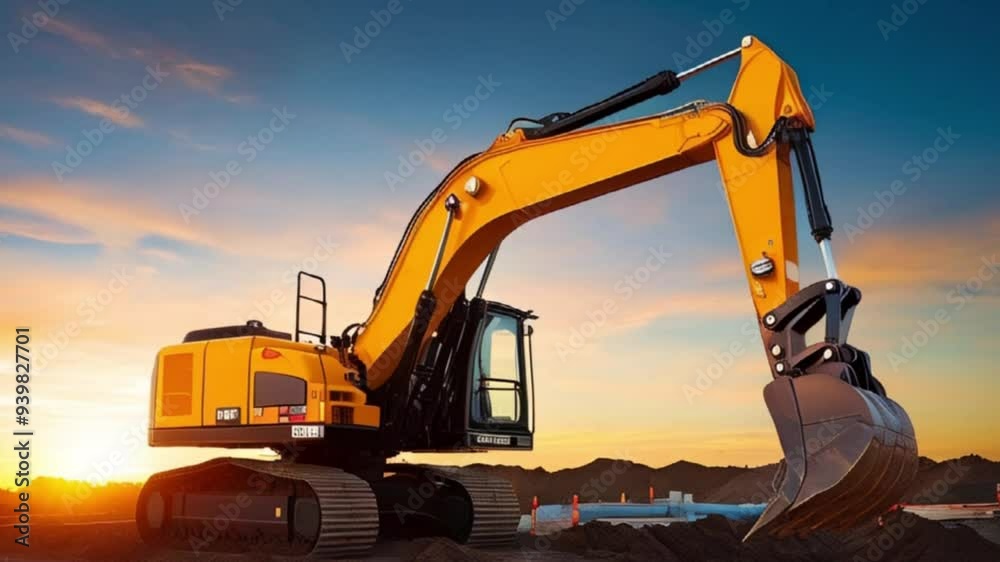 Excavator or digger at construction Site during sunset. Heavy industry, Crawler excavator, Heavy Equipment Dump Truck, construction site, created with generative ai
