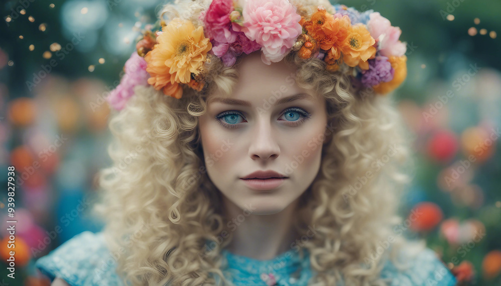 A close-up of a woman with curly blonde hair adorned with colorful flowers. She holds a magnifying A close-up of a woman with curly blonde hair adorned with colorful flowers. She holds a magnifying
