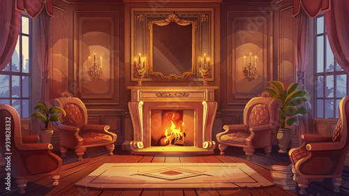 Luxury Old Living Room Interior Featuring A Grand Fireplace With A Crackling Fire Elegant Furniture Antique Rugs Detailed Moldings And Classic Decor Illustrated Rich Cartoon Style