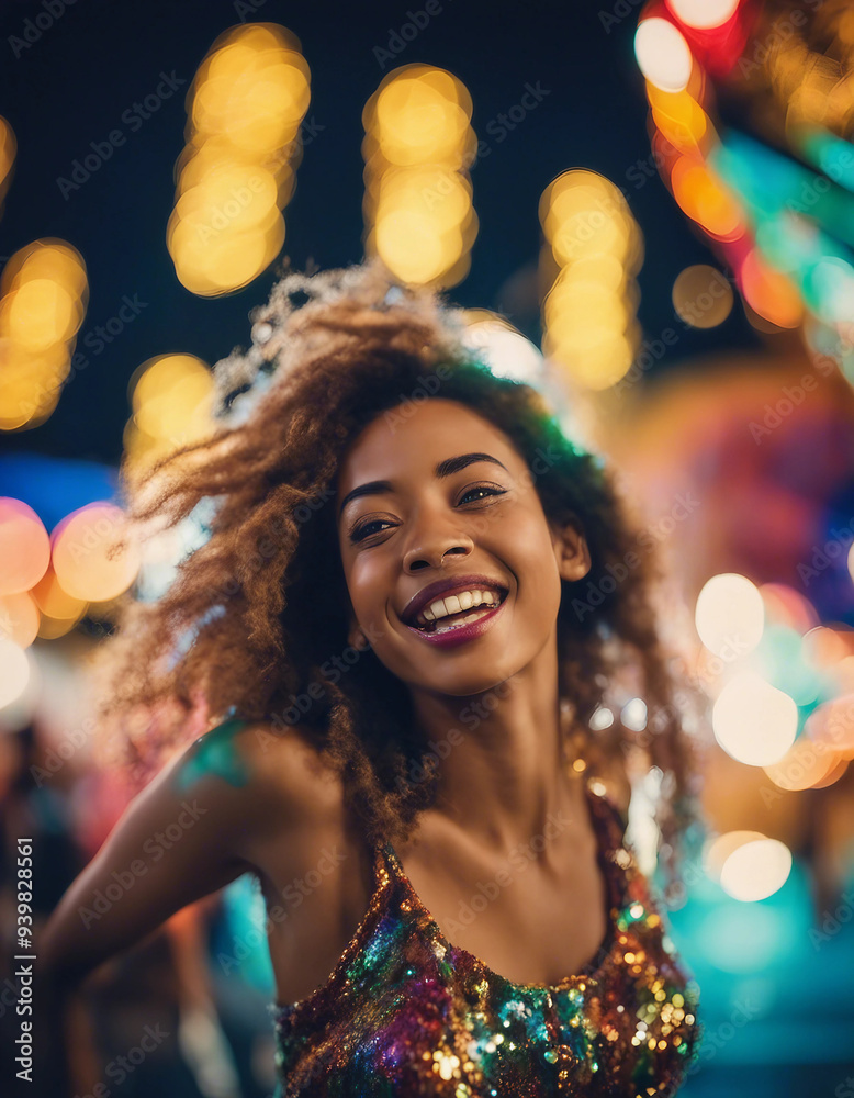 A colorful image of a young woman at a nighttime carnival, surrounded by bright lights and vibrant A colorful image of a young woman at a nighttime carnival, surrounded by bright lights and vibrant