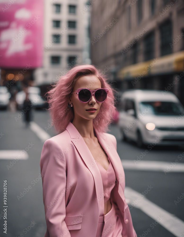 A confident woman in a stylish pink suit and matching pink sunglasses walks down a busy city street A confident woman in a stylish pink suit and matching pink sunglasses walks down a busy city street