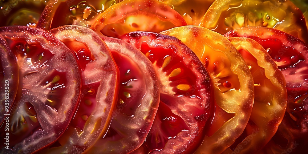 Close-up of vibrant sliced tomatoes in red and yellow hues Close-up of vibrant sliced tomatoes in red and yellow hues