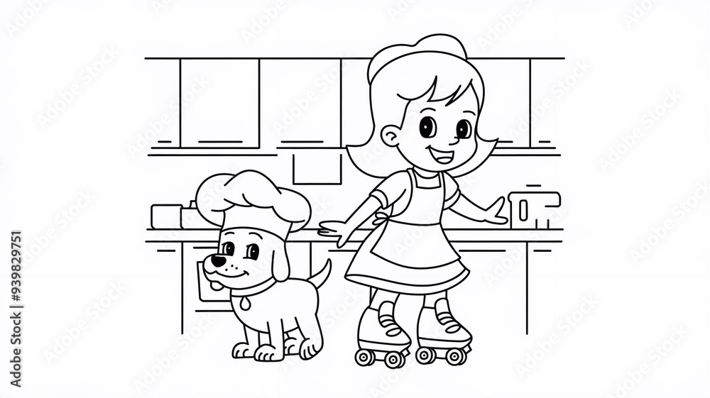 Fototapeta premium Outline page of a cartoon girl on roller skates with a dog coloring page. Coloring book for children Simple black lines, high quality.