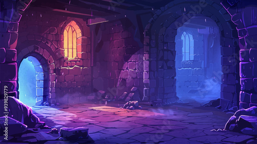 Medieval Castle Dungeon Featuring Stone Walls With Casemates Built Into The Structure Dark Gloomy Atmosphere With Torches Dim Lighting And Historical Cartoon Style