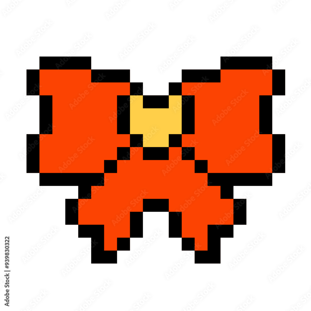 Contemporary red bowknot with yellow heart in the centre. Pixel art vector icon. Vintage 8-bit texture. Hair braiding accessory. Game design icon. Old style. 90s video game style. Contemporary red bowknot with yellow heart in the centre. Pixel art vector icon. Vintage 8-bit texture. Hair braiding accessory. Game design icon. Old style. 90s video game style.