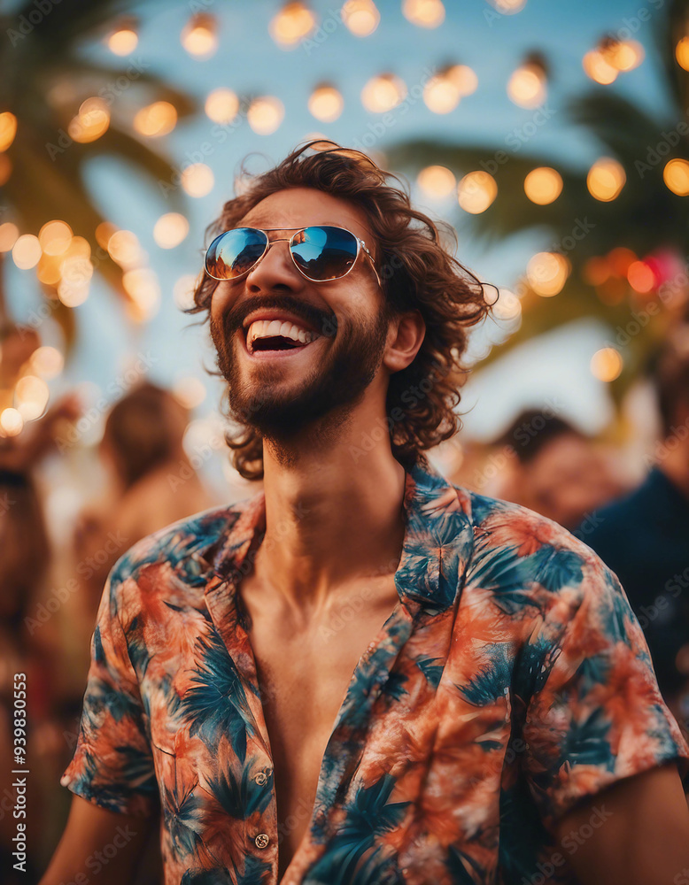 A lively, energetic image of a man at an outdoor tropical party, laughing and enjoying the moment A lively, energetic image of a man at an outdoor tropical party, laughing and enjoying the moment
