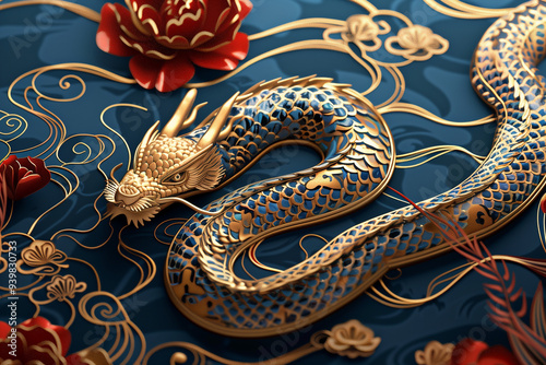 A golden snake against a Chinese New Year style background with red flowers and gold clouds. Traditional Chinese character statue on a dark blue background, flat lay, top view.