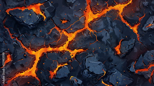 Molten Lava Black Rocks Top View Cartoon Background Flowing Red Hot Magma Cracks Surface Earth Volcanic Eruption Fiery Glowing Heat Scorching Geology Dynamic Natural Phenomenon