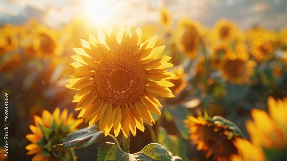 Fototapeta premium A sunflower field in a summer garden with bright yellow petals facing the sun.