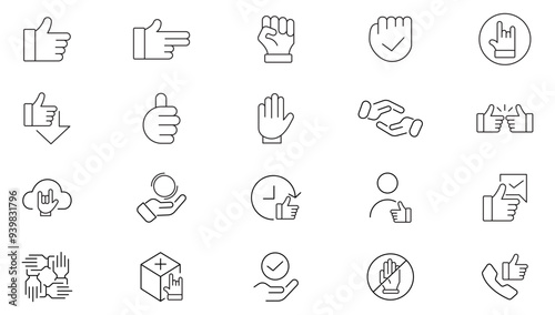 Thumbs Up line icon collection. Gesture, hand, like, star rating, feedback, badge, social media, and thumb icon set. UI outline icon pack.