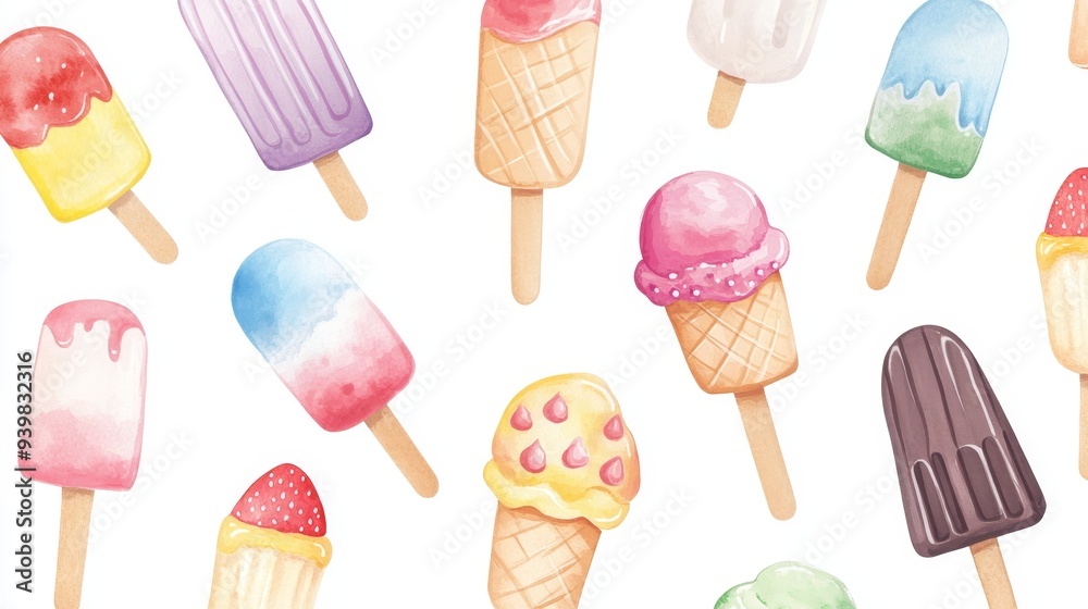Ice cream set. White background. Watercolor illustrations Ice cream set. White background. Watercolor illustrations