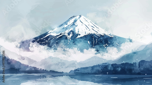 Mount Fuji Background Watercolor Illustration Majestic Mountain Iconic Landmark Japan Scenic View Snow-Capped Peak Natural Beauty Serene Landscape Tranquil Setting Cultural Icon