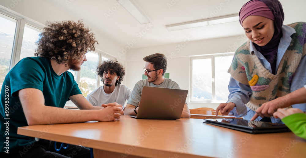 A group of diverse college students learning or studying together or a business team working together on a project plan in the office workplace. A group of diverse college students learning or studying together or a business team working together on a project plan in the office workplace.