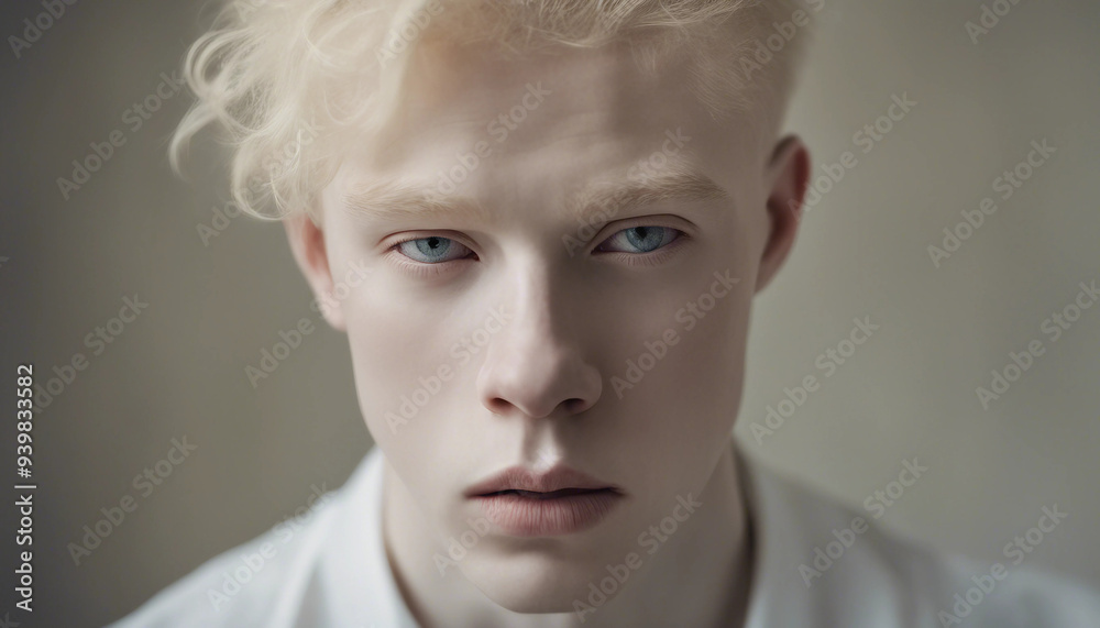 A striking portrait of a young man with albinism, characterized by his blonde hair and fair eyebrows A striking portrait of a young man with albinism, characterized by his blonde hair and fair eyebrows