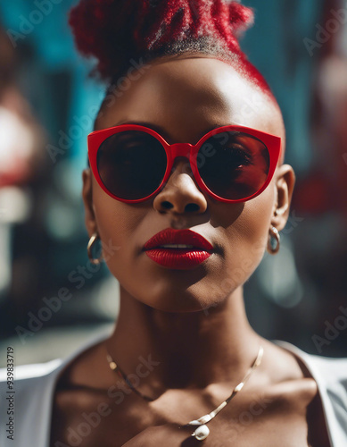 A stunning portrait of a woman with a sharp mohawk, wearing white cat-eye sunglasses and red lipstic photo