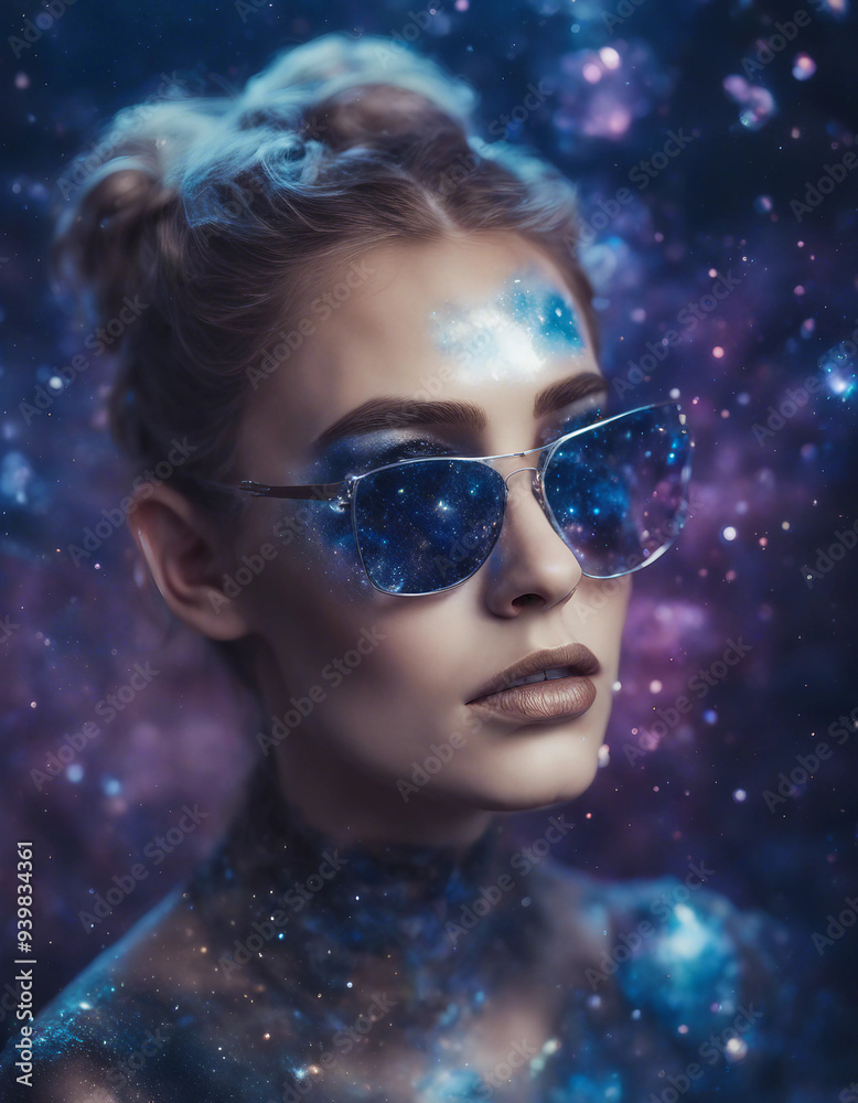 A surreal portrait of a woman with galaxy-themed makeup, including stars and nebulae painted across