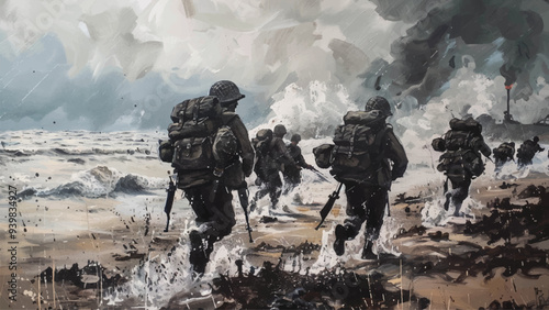 Normandy Landing Soldiers Oil on Canvas Illustration Historical Event D-Day Invasion Military Action Troops Landing Beach Assault World War II Normandy Coast Combat Scene Soldiers