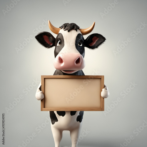 3D Illustration of a Cow Holding a Signboard isolated on a white background photo