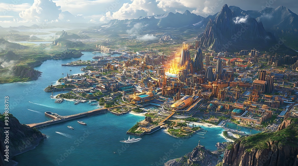 Fototapeta premium Scenic Coastal City with Modern Urban Skyline and Vibrant Waterfront Views