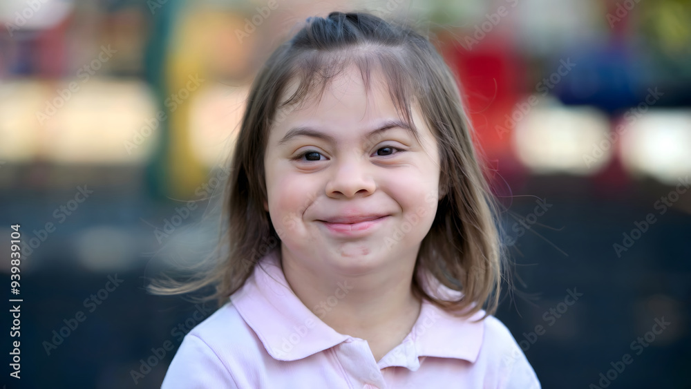 Bright Smile of a Young Girl with Down Syndrome, Radiating Joy and Warmth in a Soft-Focus Outdoor Setting Bright Smile of a Young Girl with Down Syndrome, Radiating Joy and Warmth in a Soft-Focus Outdoor Setting