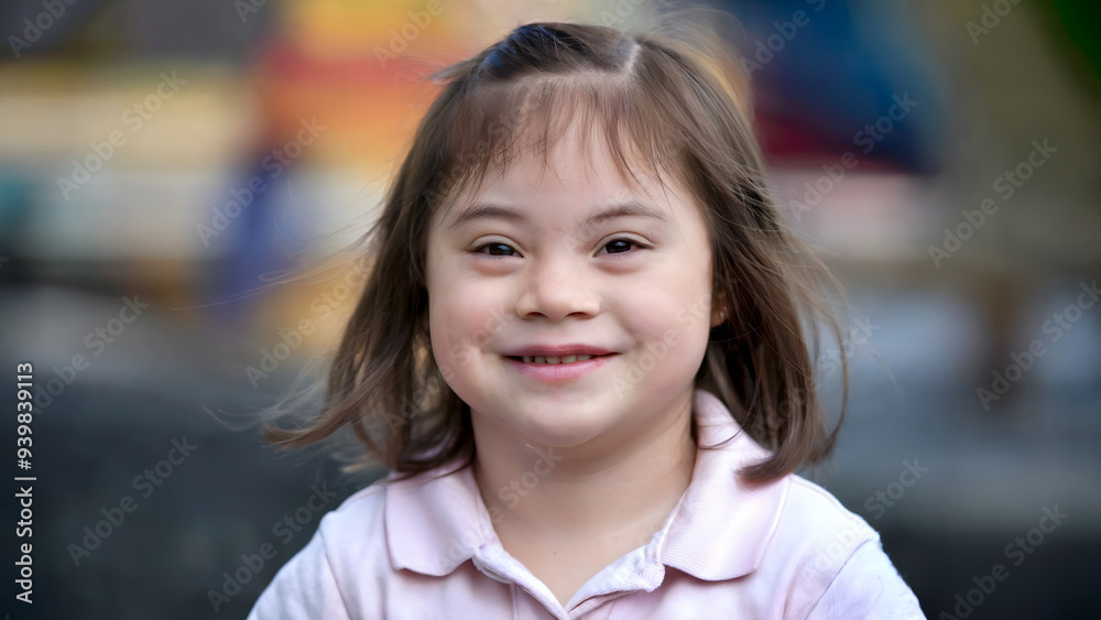 Bright Smile of a Young Girl with Down Syndrome, Radiating Joy and Warmth in a Soft-Focus Outdoor Setting Bright Smile of a Young Girl with Down Syndrome, Radiating Joy and Warmth in a Soft-Focus Outdoor Setting