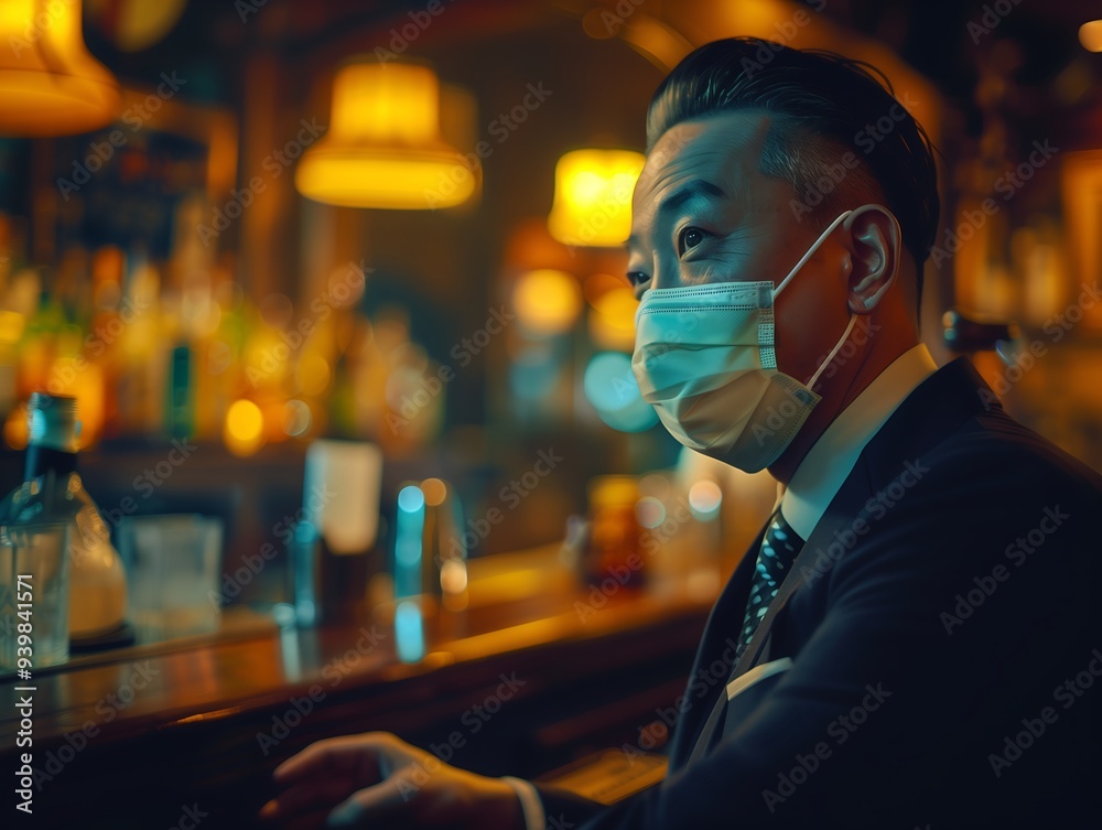 Man in mask sitting in dimly lit bar with drink Man in mask sitting in dimly lit bar with drink