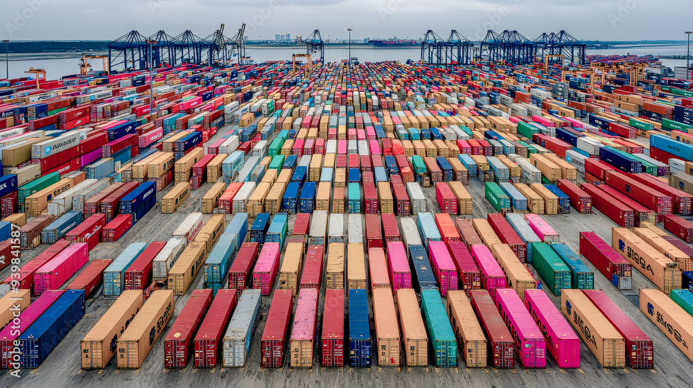 Obraz premium Global Trade in Motion A Cargo Container Being Lifted by a Crane Against Symbolizing the Vital Role of Transportation and Logistics in International Commerce
