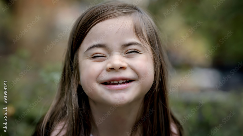 Radiant Laughter of a Young Girl with Down Syndrome, Eyes Squeezed Shut in Pure Joy During an Outdoor Moment Radiant Laughter of a Young Girl with Down Syndrome, Eyes Squeezed Shut in Pure Joy During an Outdoor Moment