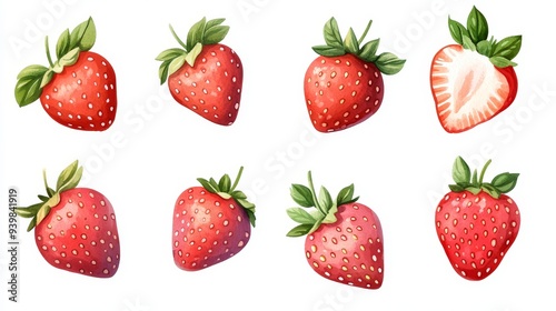 Strawberry set. White background. Watercolor illustrations