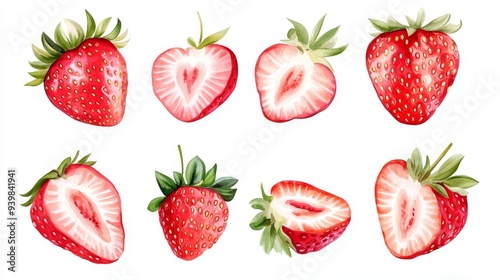 Strawberry set. White background. Watercolor illustrations