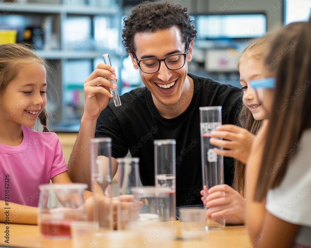 Teacher engaging elementary students in a hands-on science experiment, fostering curiosity Teacher engaging elementary students in a hands-on science experiment, fostering curiosity