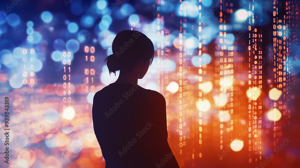 A silhouette of an Asian woman in front of digital data A silhouette of an Asian woman in front of digital data