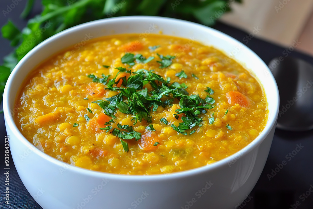Hearty vegan lentil stew with vegetables in rustic bowl on wooden surface Hearty vegan lentil stew with vegetables in rustic bowl on wooden surface