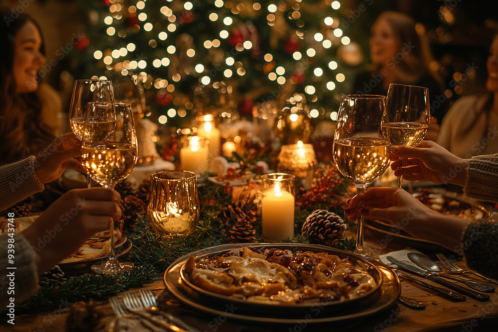 A warm and festive Christmas Eve dinner scene with a family gathered around the table, toasting to the holiday. A warm and festive Christmas Eve dinner scene with a family gathered around the table, toasting to the holiday.