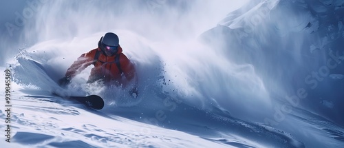 Extreme snowboarder has fun riding fresh powder snow off piste in white mountains 